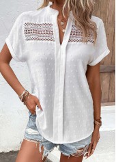 Patchwork White Short Sleeve Split Neck Blouse
