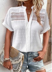 Patchwork White Short Sleeve Split Neck Blouse