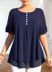 Layered Navy Short Sleeve Fake Two Piece Twinset