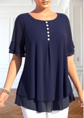 Layered Navy Short Sleeve Fake Two Piece Twinset