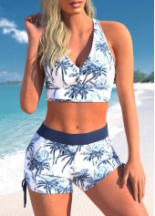 Mid Waisted Tropical Plants Print Three-piece Tankini Set