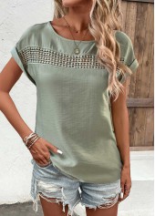 Patchwork Sage Green Short Sleeve Boat Neck Blouse