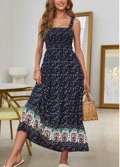 Ditsy Floral Print Smocked Navy Bandeau Dress