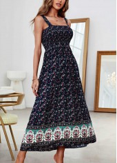 Ditsy Floral Print Smocked Navy Bandeau Dress