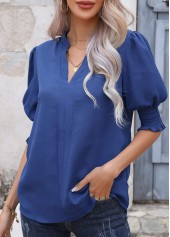 Smocked Split Neck Half Sleeve Dark Blue Blouse