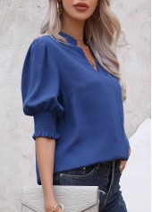 Smocked Split Neck Half Sleeve Dark Blue Blouse
