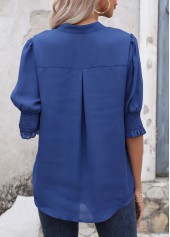 Smocked Split Neck Half Sleeve Dark Blue Blouse