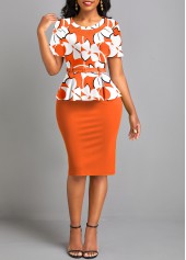 Floral Print Fake 2in1 Belted Orange Bodycon Dress