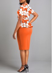 Floral Print Fake 2in1 Belted Orange Bodycon Dress