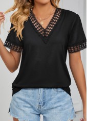 V Neck Patchwork Black Short Sleeve T Shirt