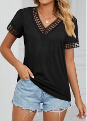 V Neck Patchwork Black Short Sleeve T Shirt