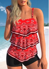 Paisley Print Asymmetry Red Tankini Top-No Bottom