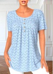 Button Light Blue Short Sleeve Round Neck Blouse