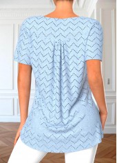 Button Light Blue Short Sleeve Round Neck Blouse