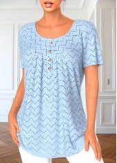 Button Light Blue Short Sleeve Round Neck Blouse