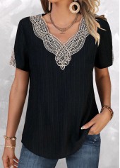 Black V Neck Short Sleeve Lace T Shirt