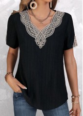 Black V Neck Short Sleeve Lace T Shirt