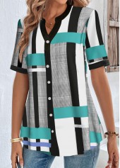 Geometric Print Button White Split Neck Blouse