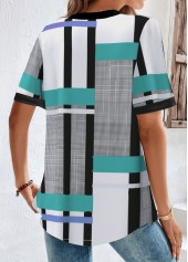 Geometric Print Button White Split Neck Blouse