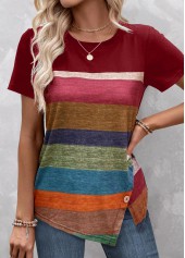 Striped Split Red Round Neck T Shirt