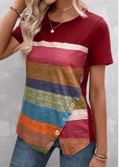 Striped Split Red Round Neck T Shirt