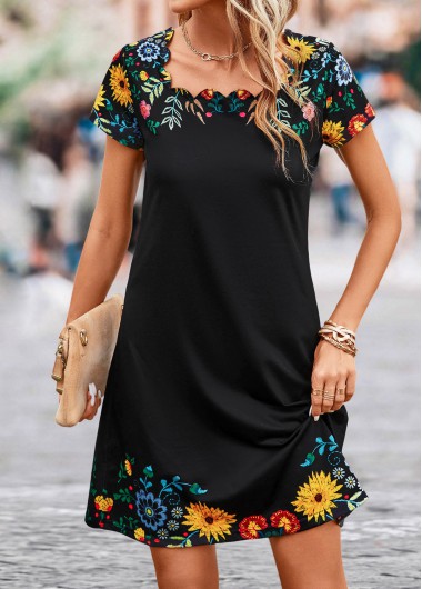 Floral Print Patchwork Black Shift Dress 30$