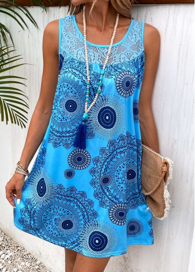 Tribal Print Patchwork Sky Blue Shift Dress