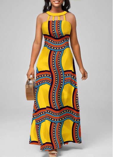 Tribal Print Cage Neck Yellow Sleeveless Maxi Dress 39$