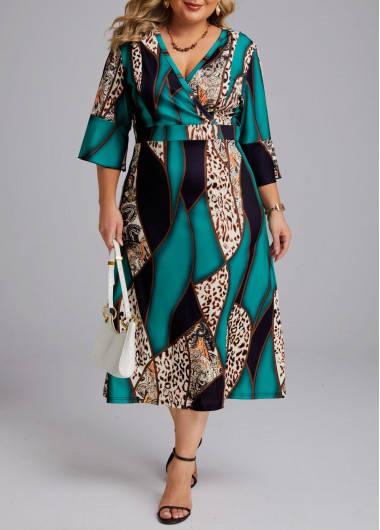 Green Plus Size Surplice Leopard Dress