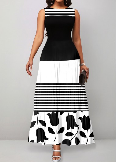 Geometric Print Patchwork Black Round Neck Maxi Dress 38$