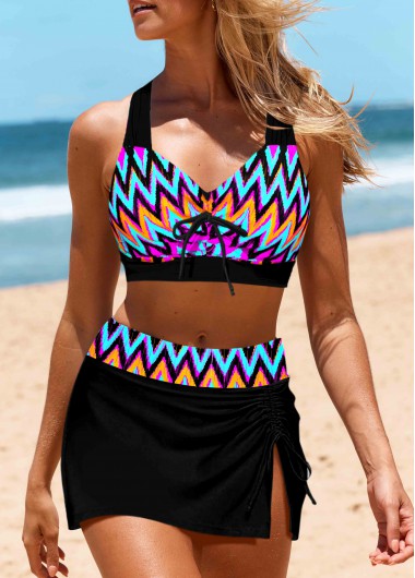 Mid Waisted Chevron Print Bowknot Black Bikini Set Mid Waisted Chevron Print Bowknot Black Bikini Set