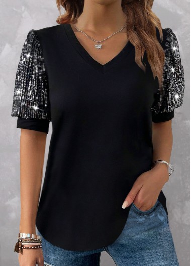Plus Size Black Sequin Short Sleeve T Shirt 34$