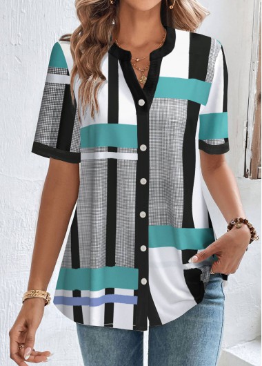 Plus Size White Button Geometric Print Blouse 36$