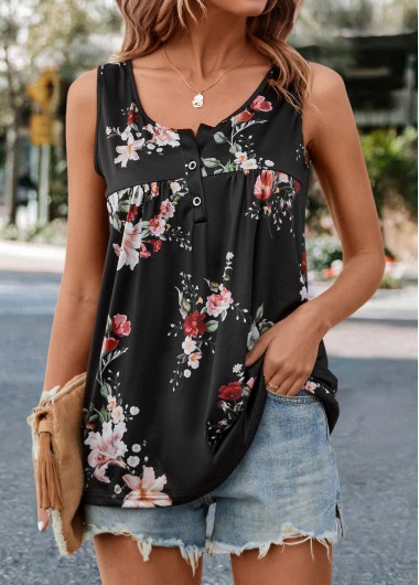 Floral Print Ruched Black Scoop Neck Tank Top