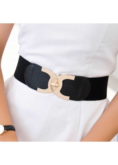 Black Elastic Design Wide Faux Leather Belt