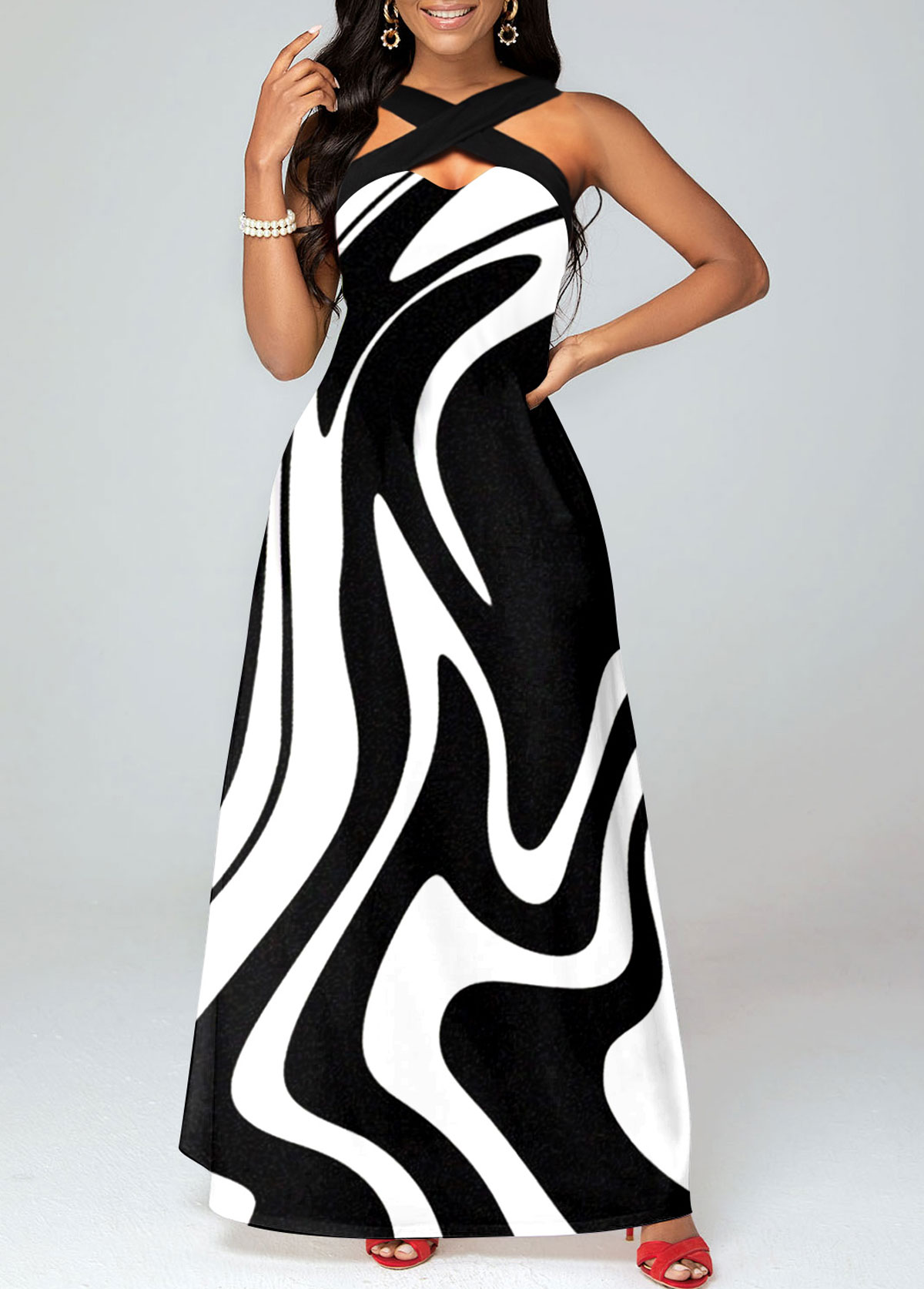 Geometric Print Criss Cross Black Maxi Dress