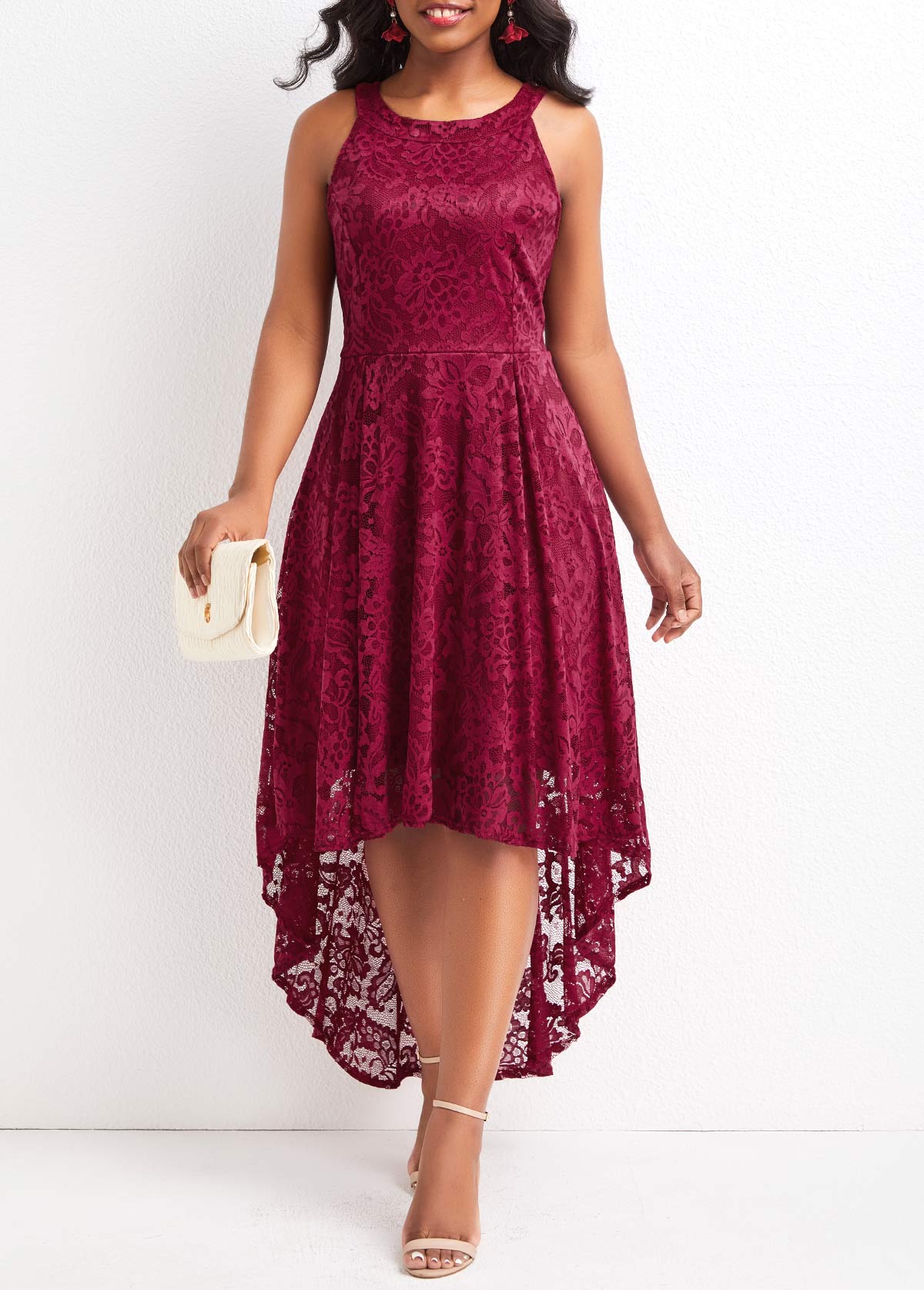 Round Neck Lace Wine Red High Low Dress | Rosewe.com - USD $23.99