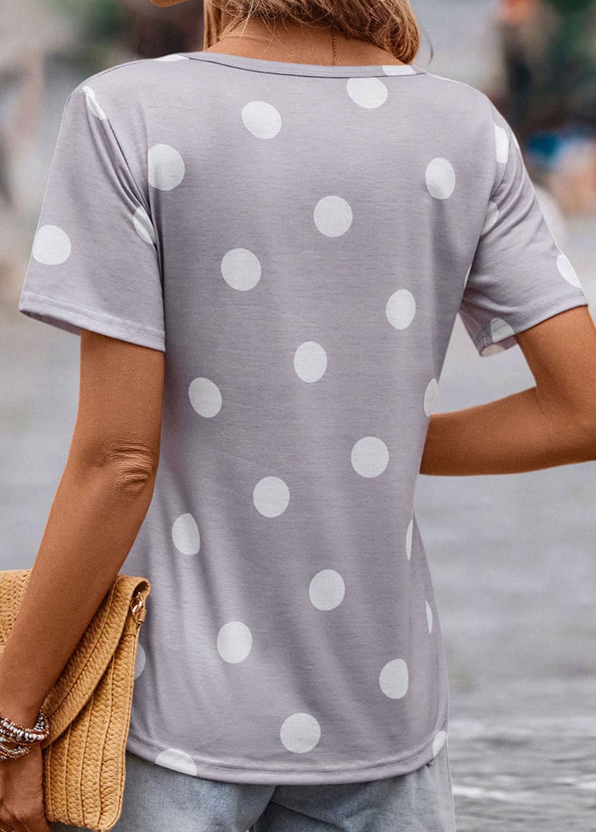 Polka Dot Lightweight Grey V Neck T Shirt