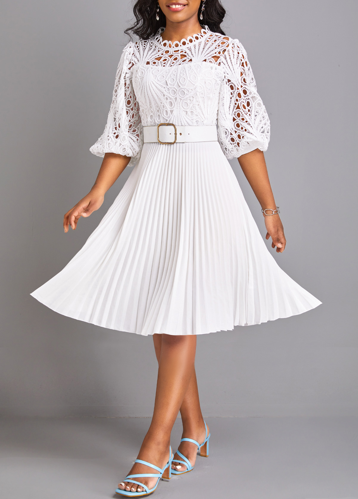 Pleated Belted White Round Neck Dress