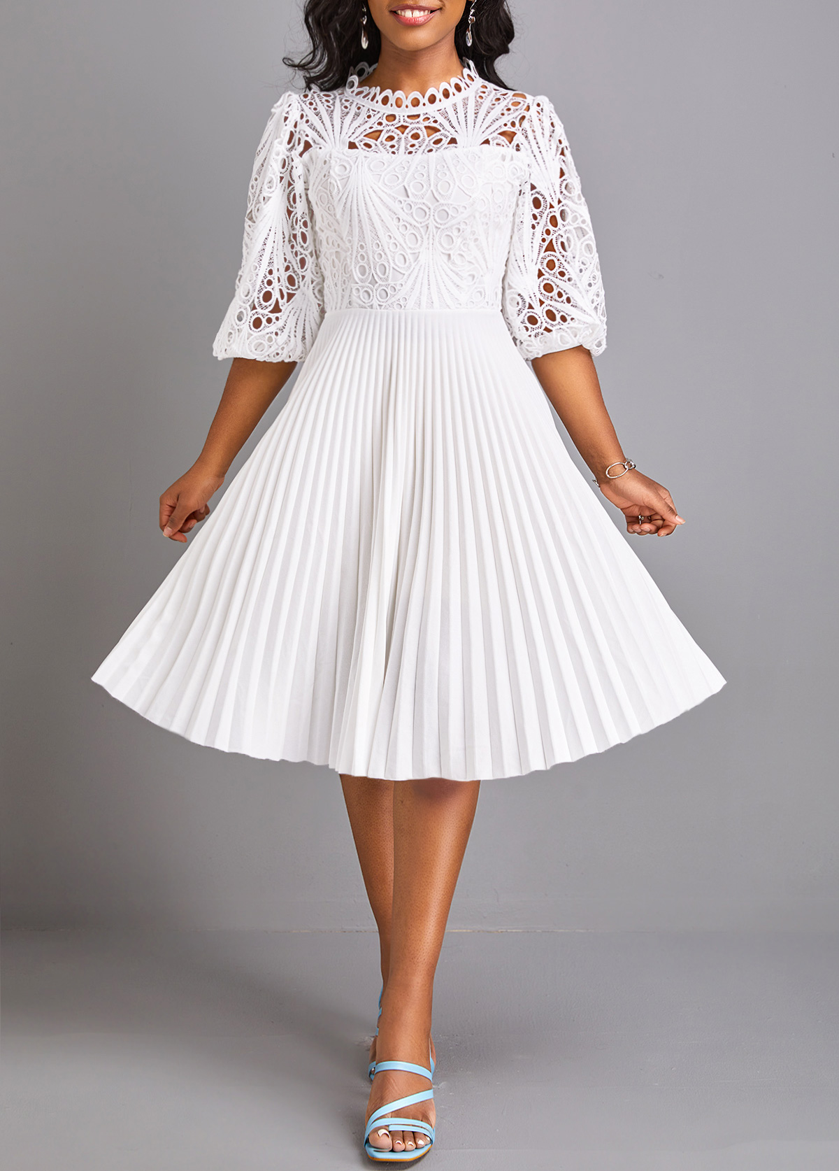 Pleated Belted White Round Neck Dress