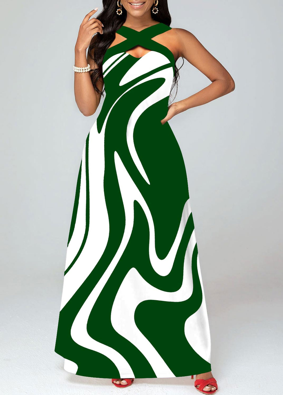 Geometric Print Criss Cross Green Maxi Dress