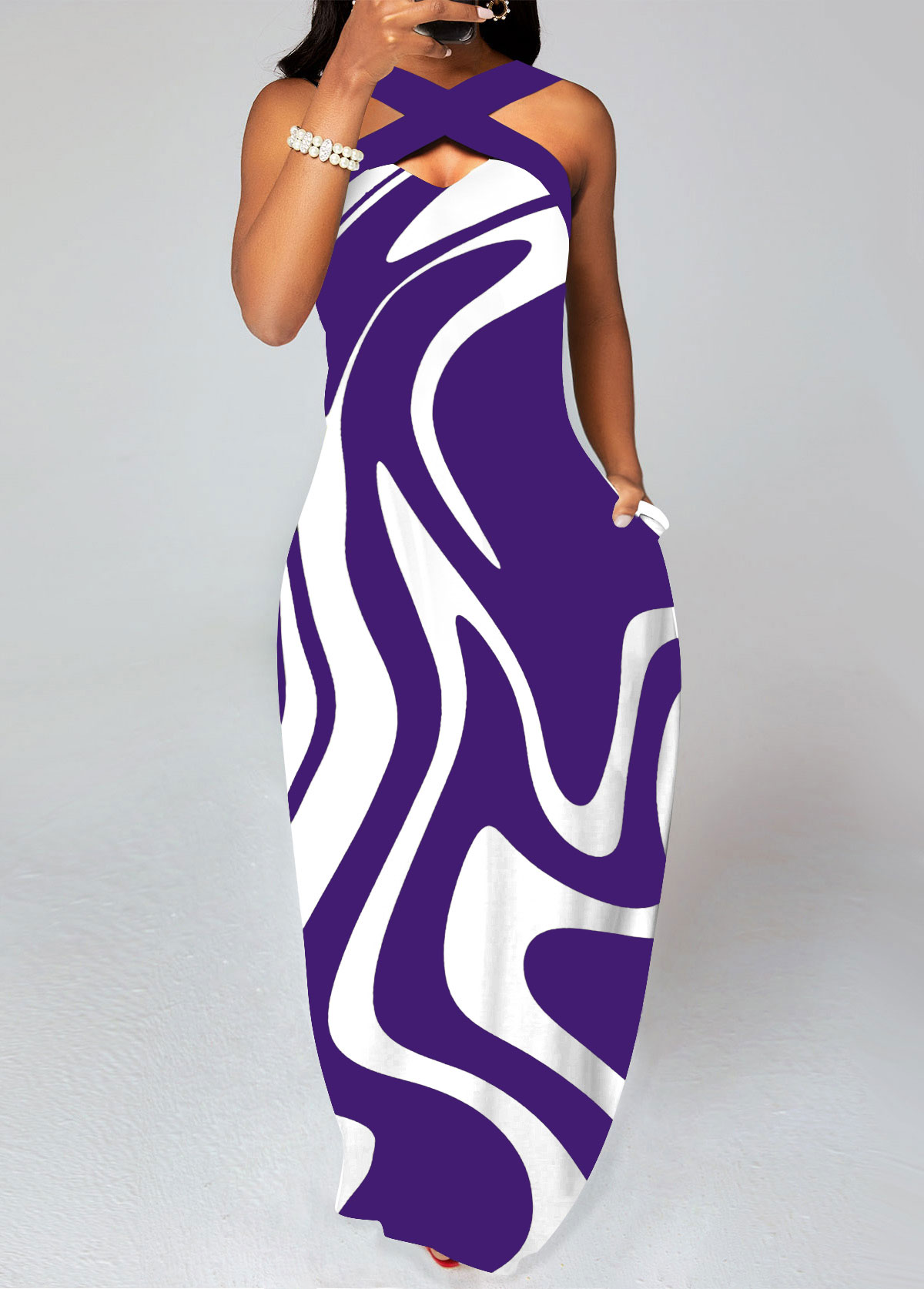 Geometric Print Criss Cross Purple Maxi Dress