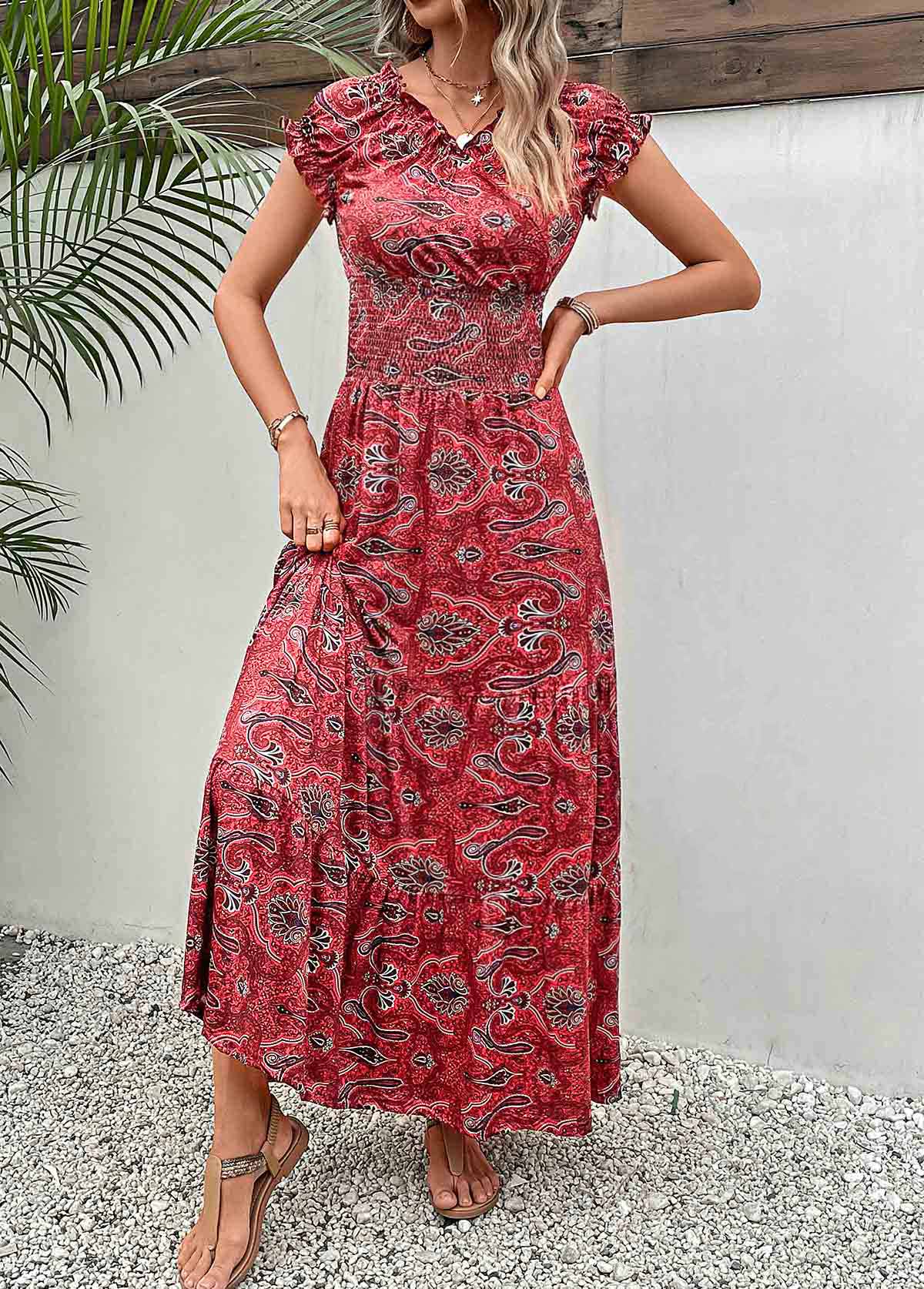 Tribal Print Smocked Wine Red Maxi Dress