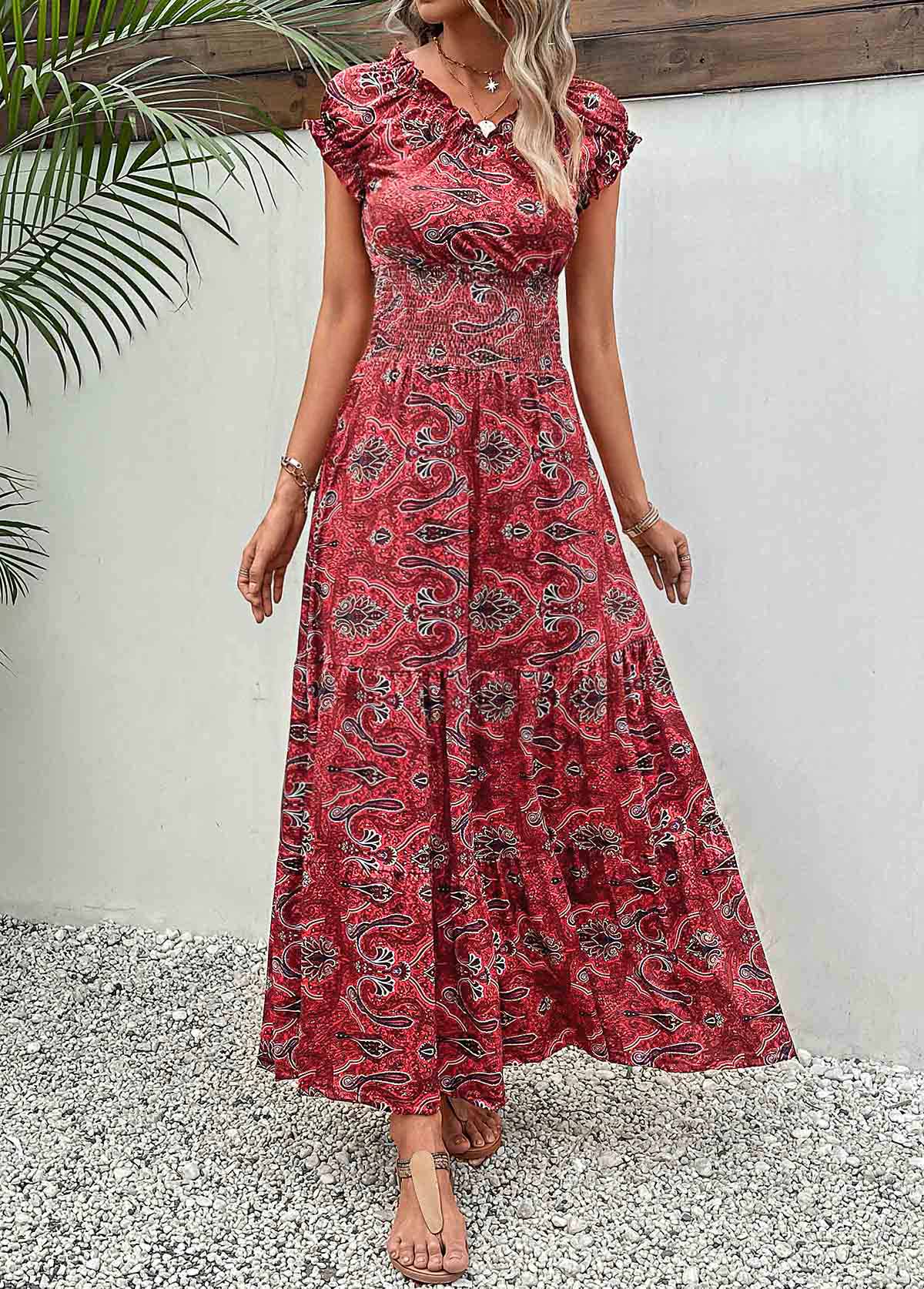 Tribal Print Smocked Wine Red Maxi Dress