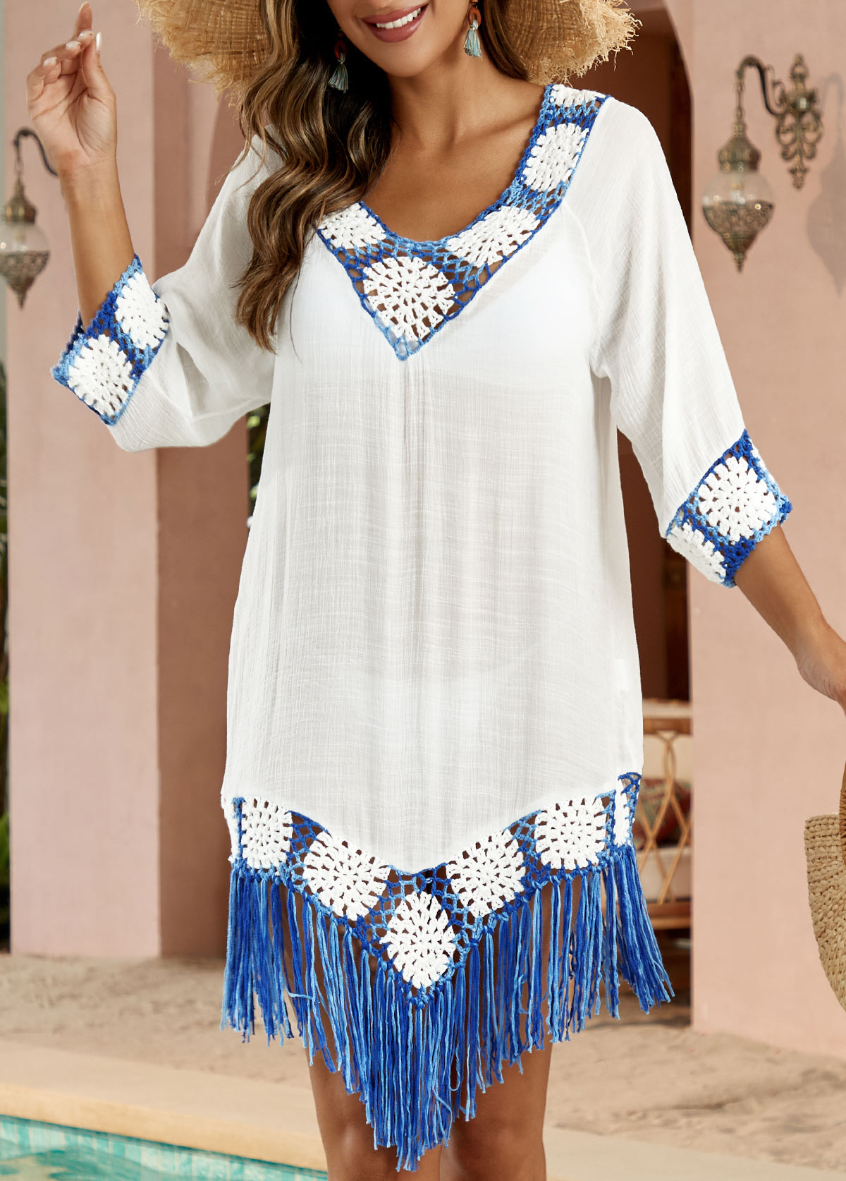 Patchwork White Weave Tassel Cover Up