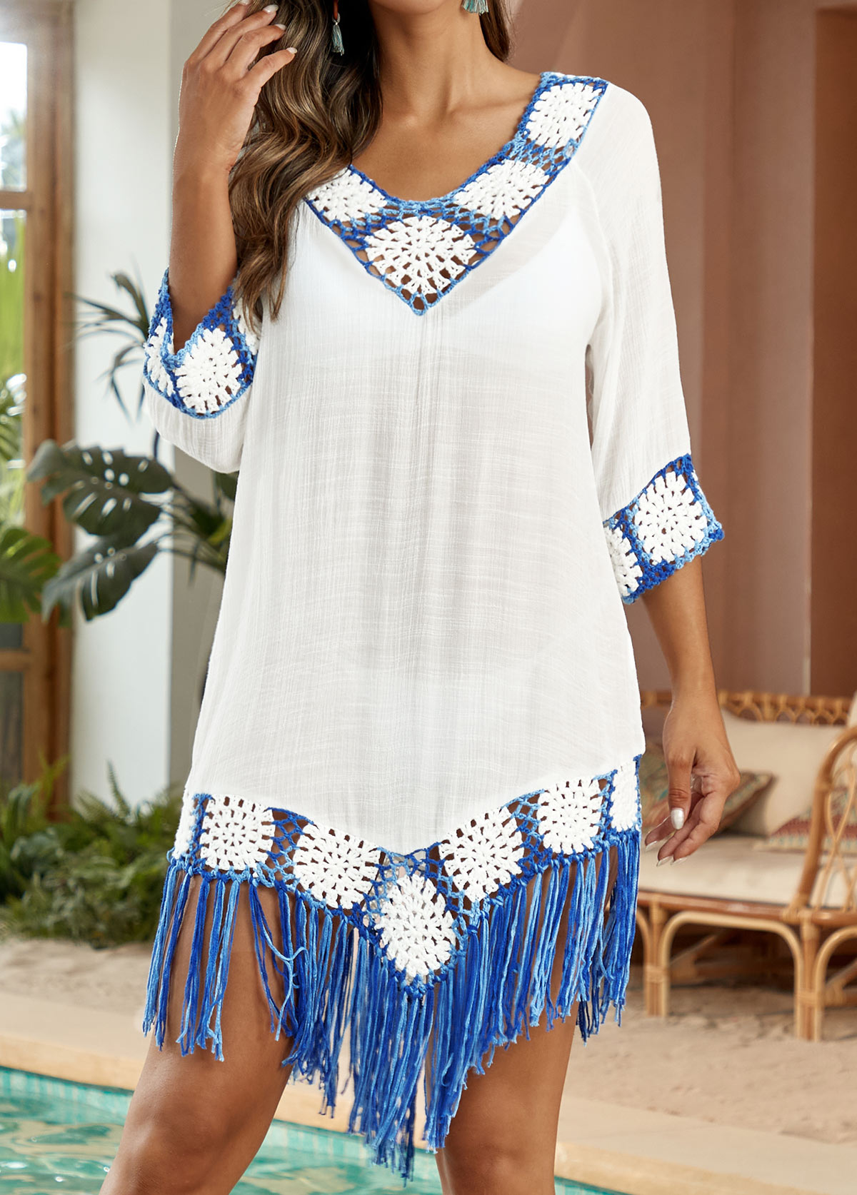 Patchwork White Weave Tassel Cover Up