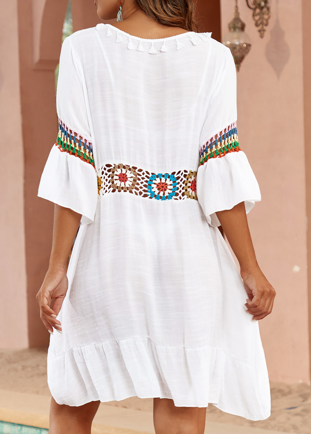 Patchwork White Tassel Tie Cover Up