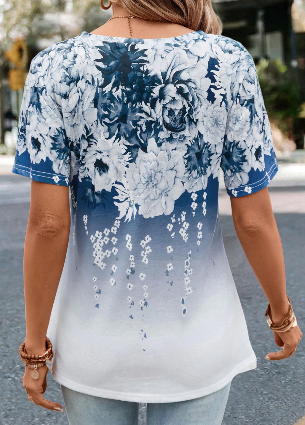 V Neck Floral Print Blue T Shirt