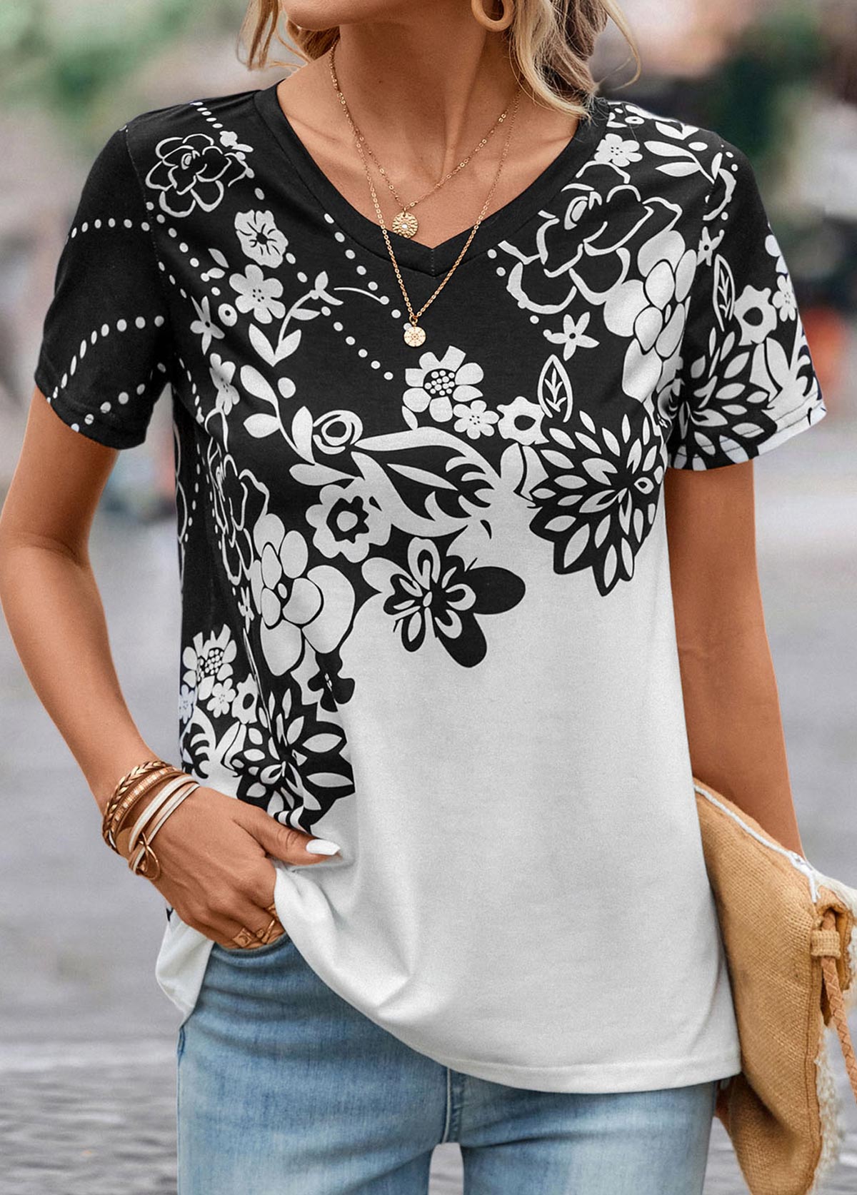 Floral Print Lightweight Black V Neck T Shirt