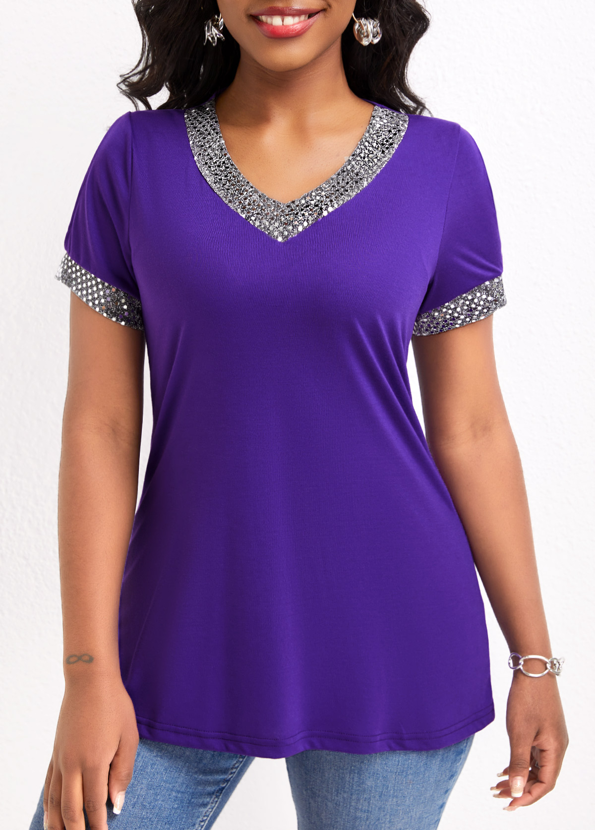 Purple V Neck Short Sleeve Sequin T Shirt